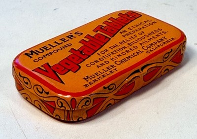 VTG MUELLER'S COMPOUND VEGETABLE TABLETS Tin Can, Berkeley CA Orange Advertising