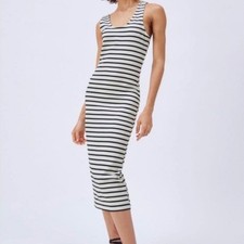 ZARA Striped Tank Midi Dress Black White Sleeveless Scoop Neck Bodycon S