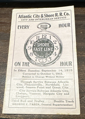 1915 Atlantic City & Shore Railroad SHORE FAST LINE Zeittafel mit Karte