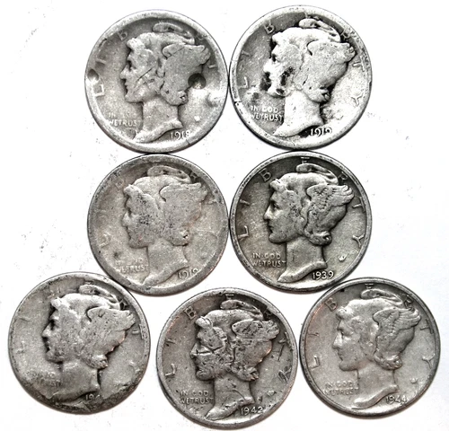 (7) Mercury Dimes - AG/Damaged - 1918-1944 Range - 90% Silver - #0954ED