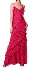 $765 Love Shack Fancy Size 4 Rialto Dress Cheery Red Plaid Metallic Ruffle Maxi