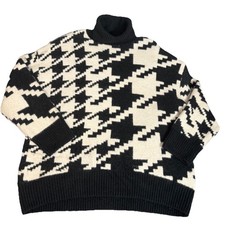 H  M Womens Turtleneck Houndstooth Sweater Black White Large Wool Jacquard