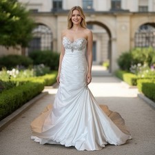 Strapless Satin Mermaid Wedding Dress Beaded Bodice & Side Embellishment Corset