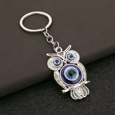 Religious Evil Eye Keychain Pendant Car Key Keyring Silver Color Deep Blue Owl