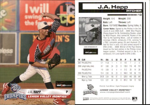 J.A. Happ 2010 Choice Lehigh Valley IronPigs SGA #10 RC FREE SHIP *AutographDen* - Picture 1 of 1