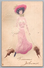 Easter Greetings, Pretty Woman Walking Rabbits, Big Hat Embossed Air Brush