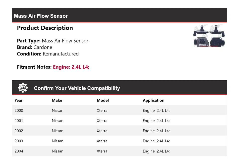 Sensor de flujo de aire de masa Cardone 2001 2002 2003 para Nissan Xterra 2000-2004 2,4 L L4 Foto 2 de 4