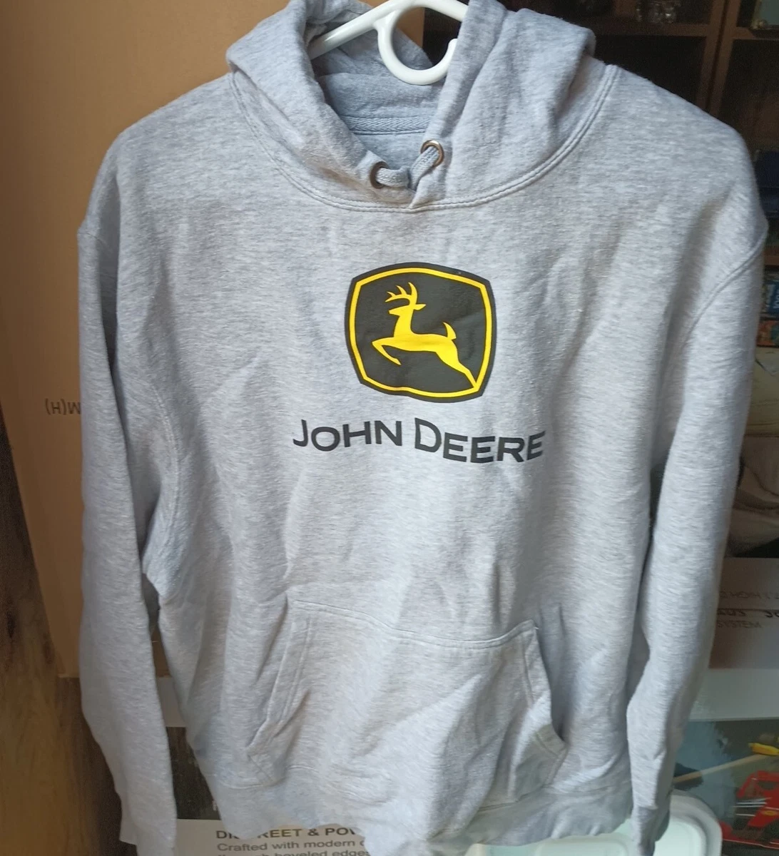 Mens Size Large John Deere Hoodie Sweatshirt Grey Pullover Black And gold Logo