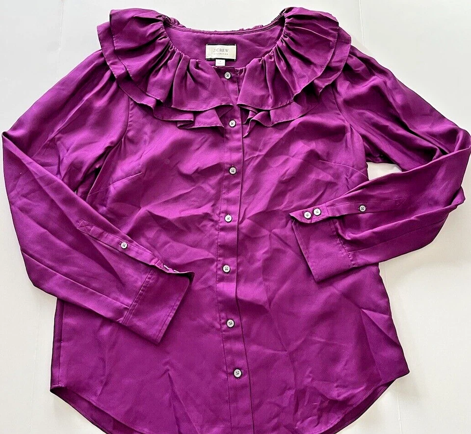 J Crew Collection Womens 100% Silk Button Front Blouse Size S Purple Ruffles - Image 3 of 4