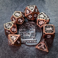 Sage's Gnomish Trinkets - Hollow Spider Copper Wht Metal Polyhedral Dice Set DnD