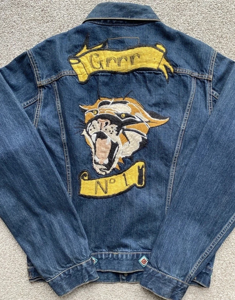 Jaqueta jeans LVC Levis vintage grande E caminhoneiro bordado gato selvagem ocidental grande - Imagem 2 de 4