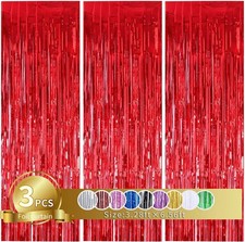 3 PCS Red Metallic Tinsel Foil Fringe Curtains 3.28x6.56 Ft Photo Backdrop
