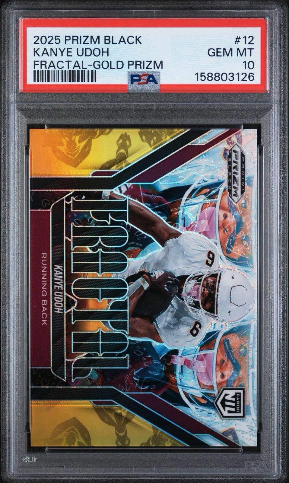 2025 Prizm Black Fractal #12 Kanye Udoh Gold /10 PSA 10 Jersey Match *POP 1