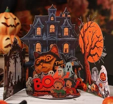 3D Halloween Pop-Up Greeting Card, Env & Seal -Vntg Comic Book Style Vampire Cat