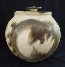 Signed Studio Art Pottery MCM Round Ball Drip Style Crock With Lid By Shannon 