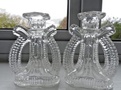 Vintage Federal Glass Wigwam Pressglas Kerzenhalter Paar 12,5 cm hoch