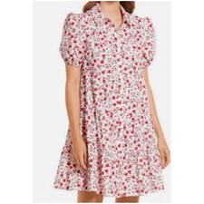 Eliza J Women’s Sz 14 Red White Floral Tiered Dress Cotton Puff Sleeve