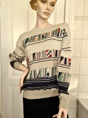 True Vintage Monello Sweater Pullover Strick Pattern Muster 80s 90s Beige Gr L - Bild 1 von 4