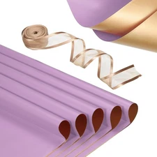 20 Sheets Flower Wrapping Paper with Ribbon 22.8" x 22.8" Light Purple/Gold Tone