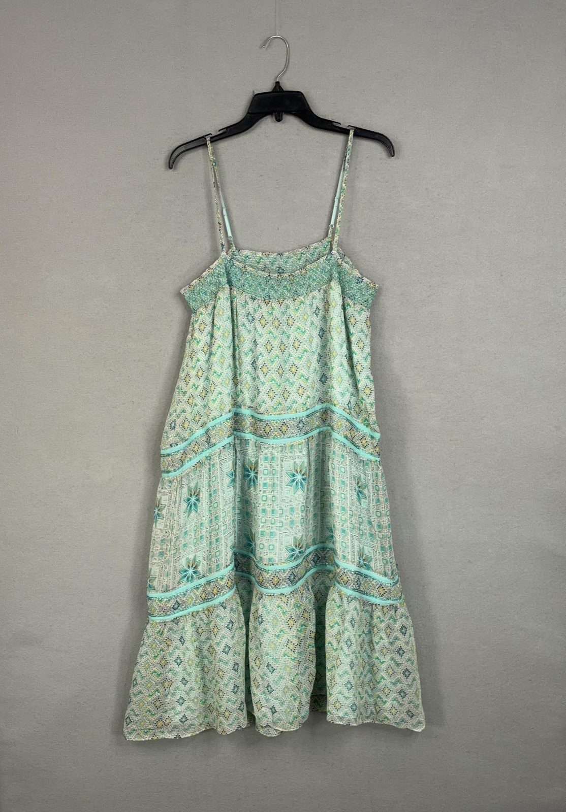 Calypso St Barth Dress Womens Large Green Geometric Silk Boho Tiered Midi