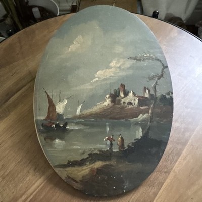 Antikes ovales Ölgemälde an Bord Küstenszene Boote Figuren um 1900