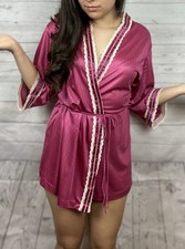 Vintage 80s Union USA Made Lace Trim Coquette Sleepwear Robe Girly Hot PINK Sz M