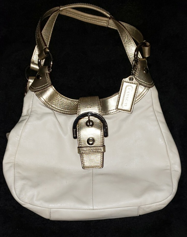 Coach F17219 Soho Lynn Ivory White & Gold Leather Hobo Shoulder