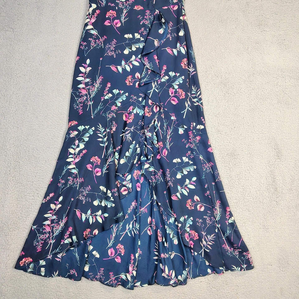 Banana Republic Maxi Dress Women 4 Navy Floral Faux Wrap Ruffle High-Low Prairie - Image 4 of 4