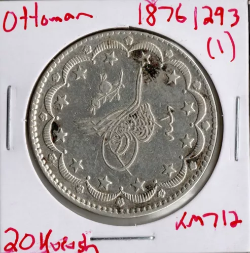 Coin Ottoman Empire 20 Kurush 1876 (1293 1) KM712, silver