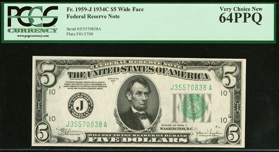 1934C $5 Federal Reserve Note PCGS 64PPQ - Kansas City Wide Face - FR-1959-J - Image 2 of 3