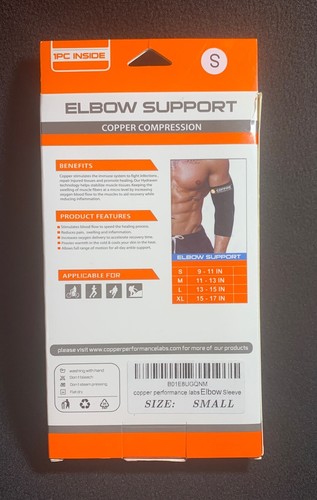 Copper Performance Labs Copper Infused Compression Elbow Sleeve ~SMALL ~NEW - Picture 2 of 10