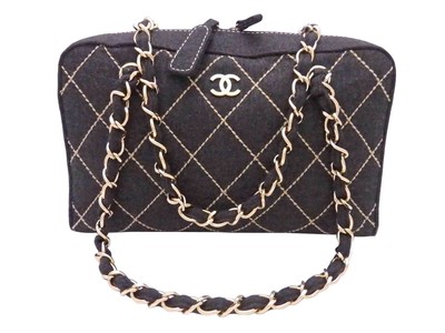 Auth CHANEL Wild Stitch Chain Shoulder Bag Dark Gray/Beige Wool 