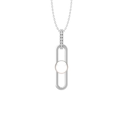 14K Weißgold Runde Labor Gewachsen Diamant & Perle Anhänger 18 Zoll Silber Kabelkette