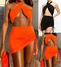 Women Sexy Cross Neck Mini Dress Bodycon Beach Party Halter Ruched Short Dresses