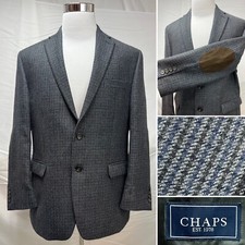 CHAPS Ralph Lauren Houndstooth Gray Blue Wool 2-Button Elbow Patch 42R Blazer