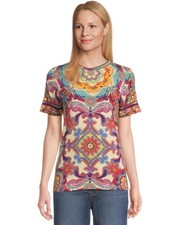 Johnny Was Janie Favorite Mcanna Crew Neck Short Tee Shirt Pink Beige Top NEW