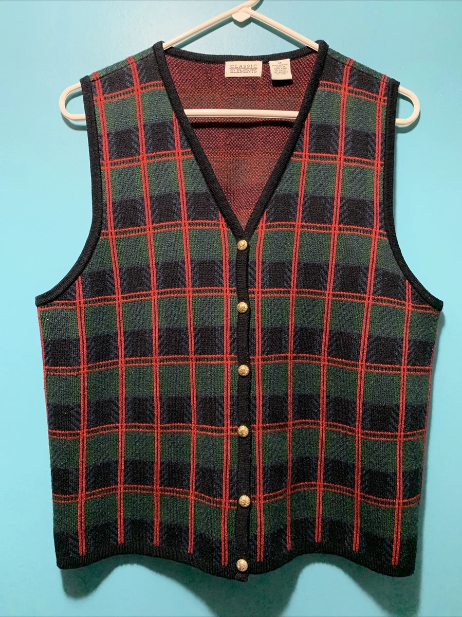 VTG Classic Elements Plaid Sweater Vest Womens M Golden Buttons Red Blue  Green | eBay