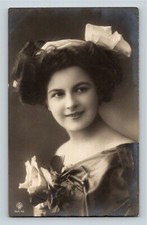 Pretty Woman Huge Hair Bow Roses 1909 RPPC Carl Schmidt Dresden Germany