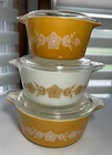 Vintage Pyrex Butterfly Daisy Set of 3 Casserole Dishes Glass Nesting - NICE!!!!