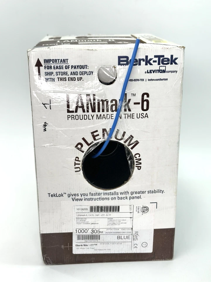 NUEVO Caja abierta Berk-Tek LANmark-6, Cat6 Plenum CMP, UTP, cable de datos, 410 pies, AZUL Foto 2 de 4
