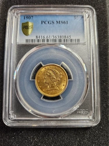 🌟 1907 Liberty Head Gold $5 Half-Eagle US Coin PCGS MS61