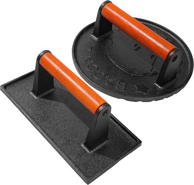 Heavy-Duty Cast Iron Burger Press: 8.5'' & 7'' Round Designs for Perfect Grilling