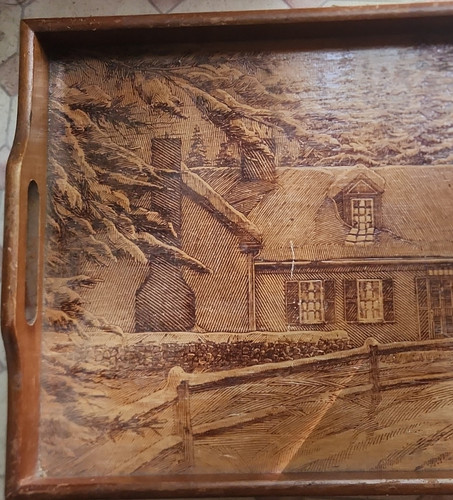 Wooden Rectangular Serving Tray with Landscape Design and Handles, Brown