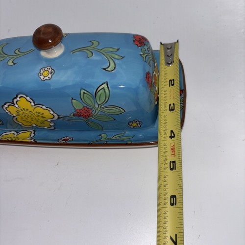 Royal Covered Butter Dish Blue & Red Yellow Flowers Detailing 8"L 4”W 3.5”H - Picture 7 of 8