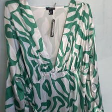 Boohoo Women's Green & White Printed Satin Maxi Dress Belt, Size UK 18 FAST POST