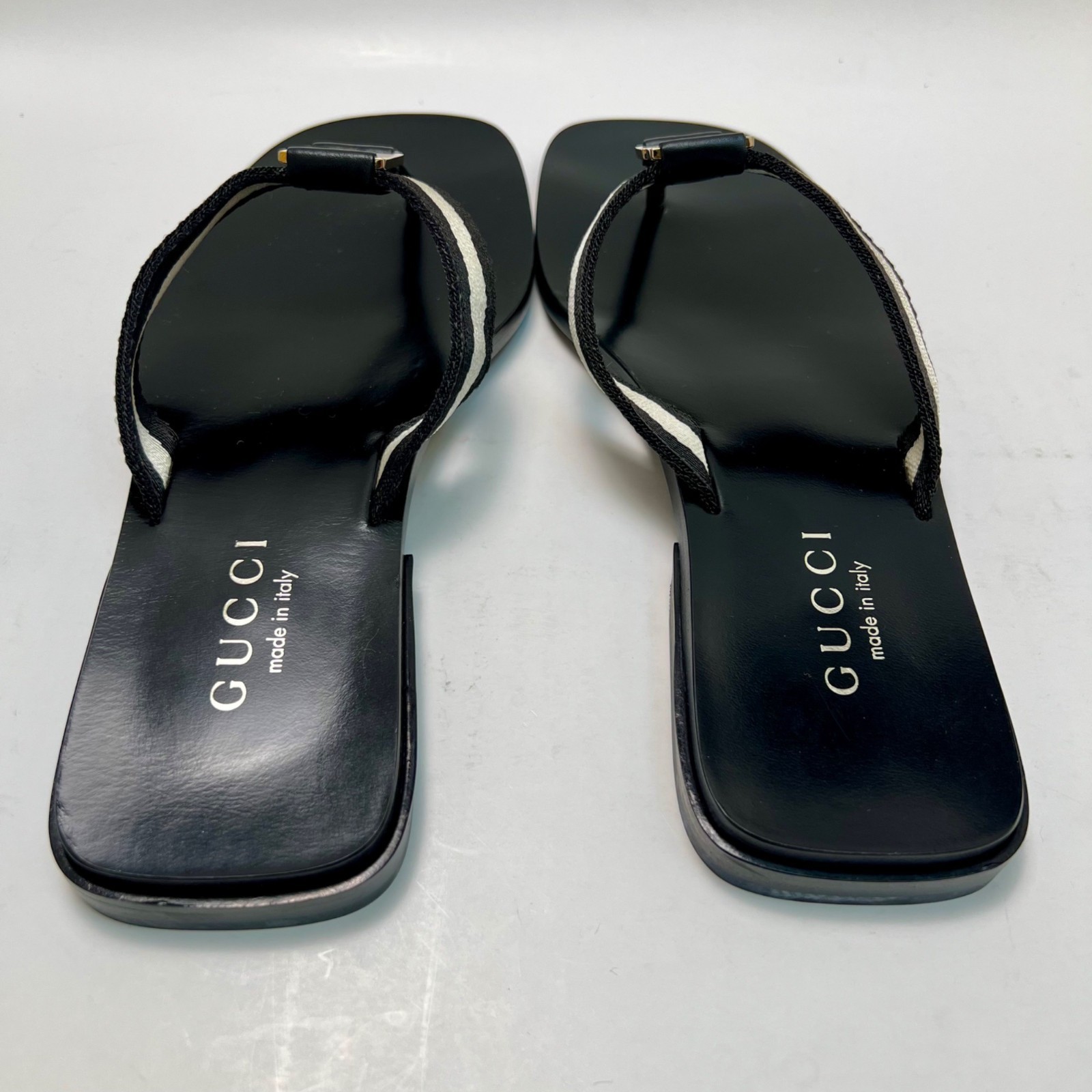 Vintage GUCCI Women's Striped Canvas Sandals With Gold "G" Women's Size 8.5 NEW thumbnail 5