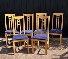 IKEA Set of 6 Wooden Dining Chairs Blue Fabric Upholstered Seats 35x100cm