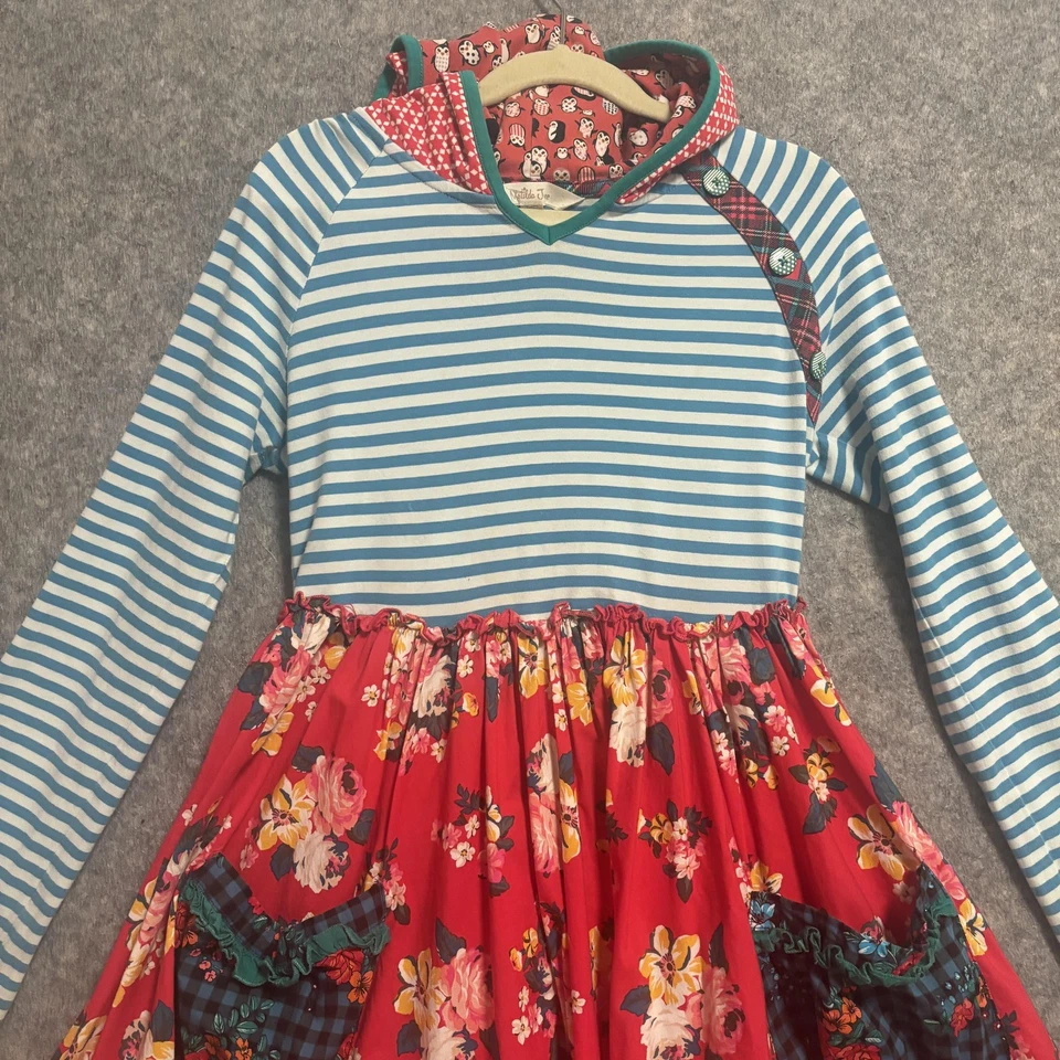 Vestido Matilda Jane Niñas Talla 12 Rojo Floral Capucha Rayas Manga Larga Parche Foto 2 de 4