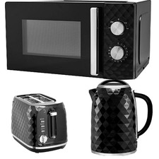 Matching Black Stylish Diamond Effect Kettle 2 Slot Toaster & 700W Microwave UK