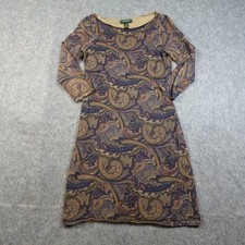 Ralph Lauren Dress Womens Medium Knit Sweater Paisley Midi 3/4 Sleeve Boat Neck